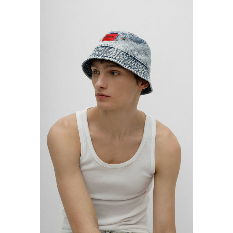 BOSS Men's Organic-Cotton Denim Bucket Hat with Red Logo Label