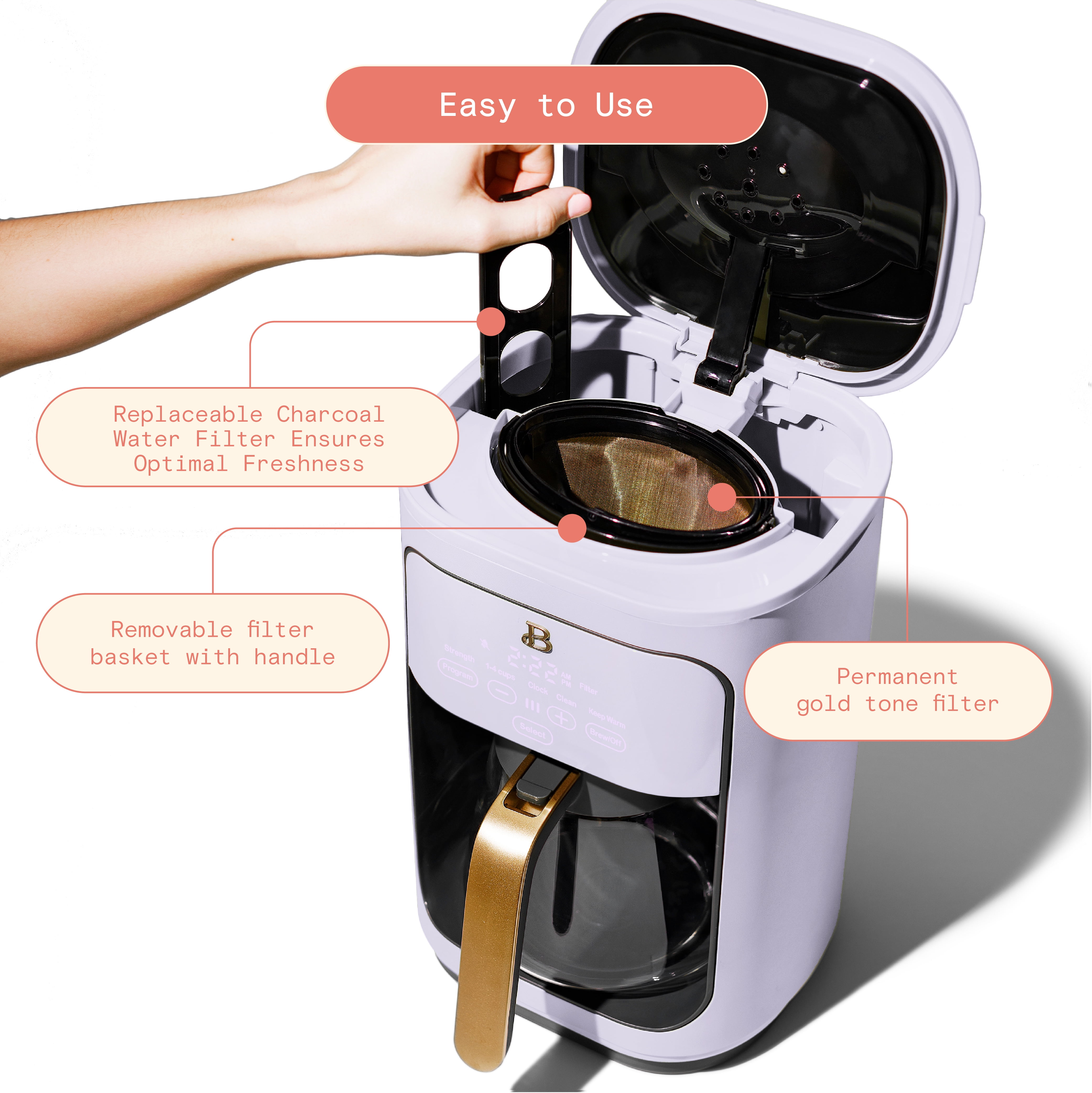 Beautiful 14-Cup Programmable Drip Coffee Maker with Touch-Activated Display, Lavender by Drew Barrymore