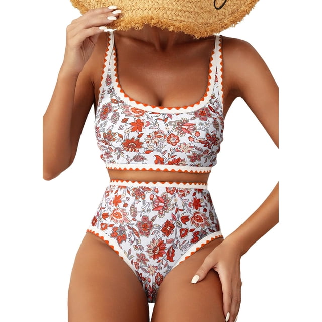 Conjunto de bikini Herseas para mujer con estampado floral, cintura alta, naranja XL