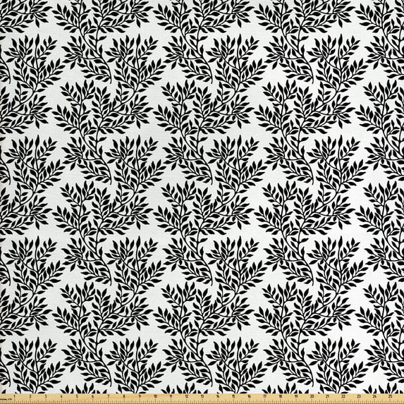 Black and White Fabric by the Yard Upholstery, Foliage Plant in Monochromatic Style with Curvy Sprigs Full of Leaves, Decorative Fabric for DIY and Home Accents, Black White by Ambesonne