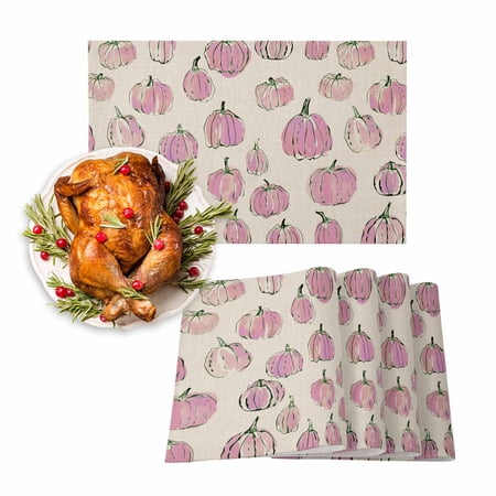 Fall Placemat Pink Thanksgiving Placemats for Dining Table Watercolor Pumpkin Washable Table Mats for Party Kitchen Dining Decoration Set of 4