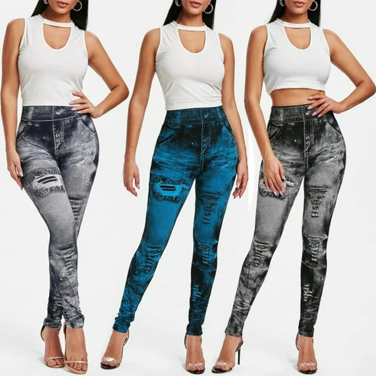 Women Imitation Distressed Denim Jeans Leggings High Waist Slim Elastic  Yoga Pen 