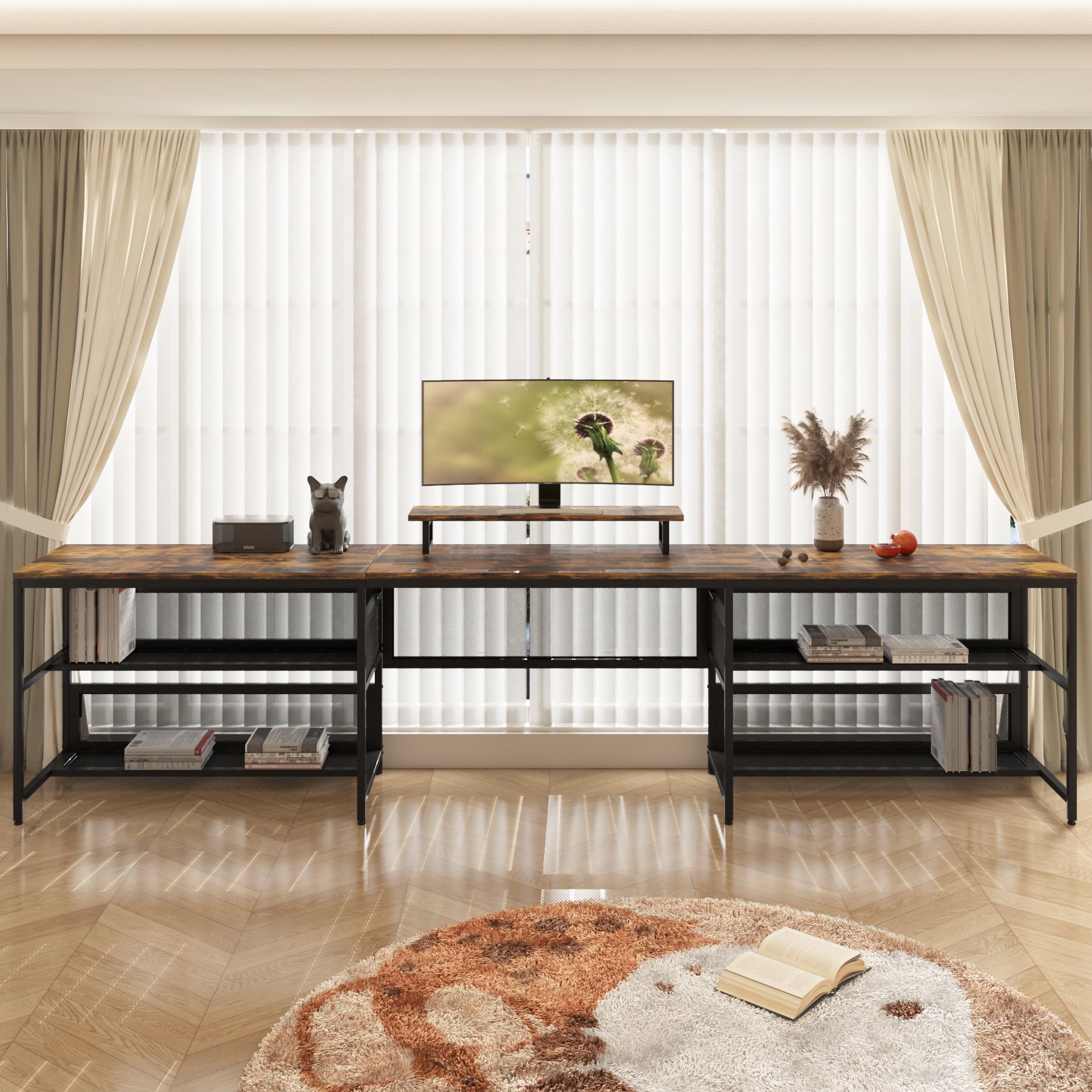 U-Shaped Computer Desk with LED Lights, 6-Color Lighting, 3 Spacious Desktops, Storage Shelves, E1 MDF Board, Gaming Office Desk for Home Study