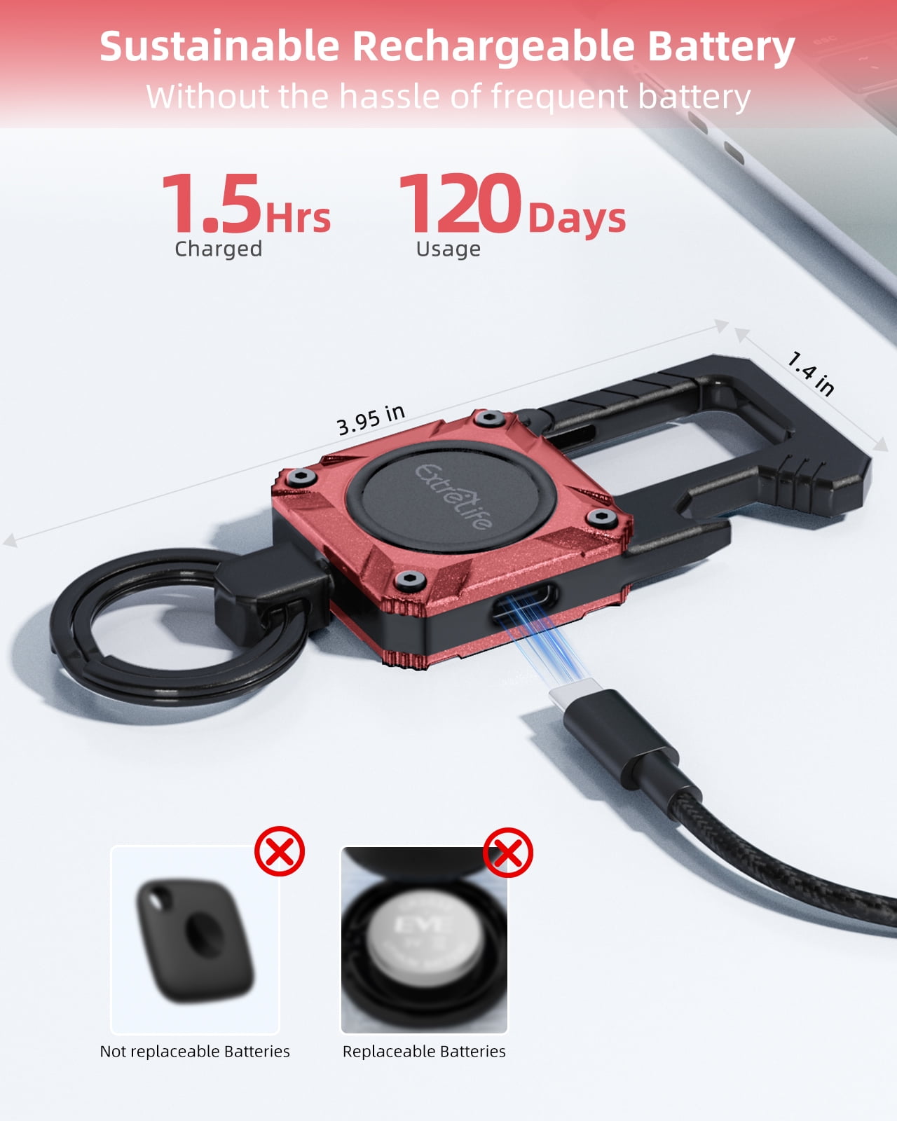 Extrelife Keychain Tracker, Men's Key Chain Words with Find My, Heavy Duty Keychain Carabiner Car Key Chains, Anti-Lost Tracker with Keyrings, Rechargeable & Waterproof