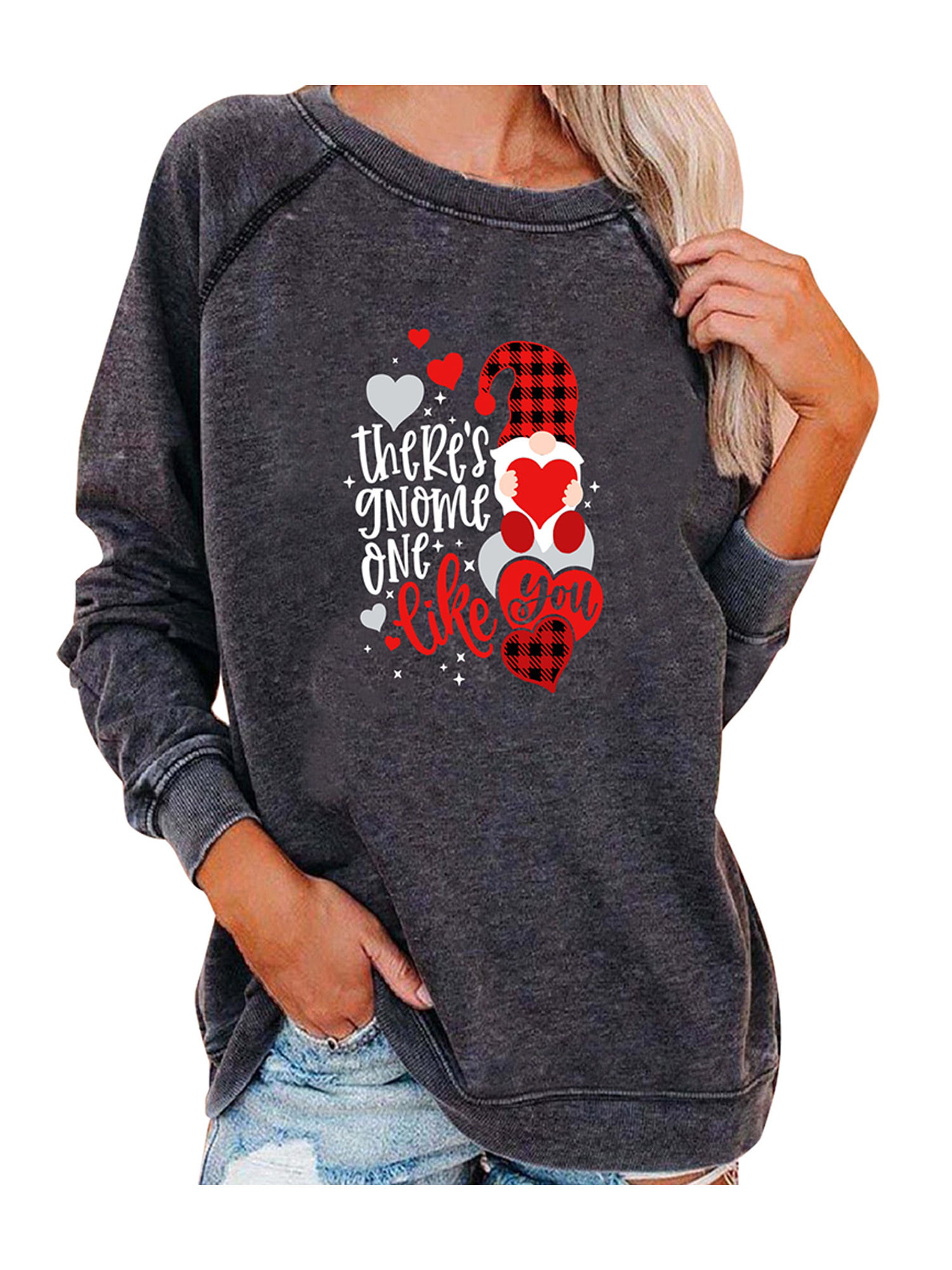 Long Sleeve Valentines Day Shirts for Women Cute Casual Loose Fit Love Letter Print Gnome Graphic Tees Pullover Tops