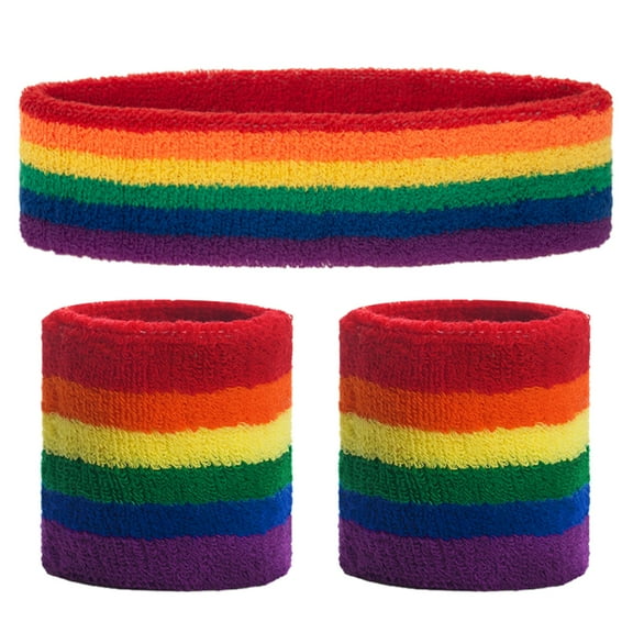 GOGO Rainbow Sweatband Set (1 Headband 2 Wristbands), Cotton Sports Sweatbands