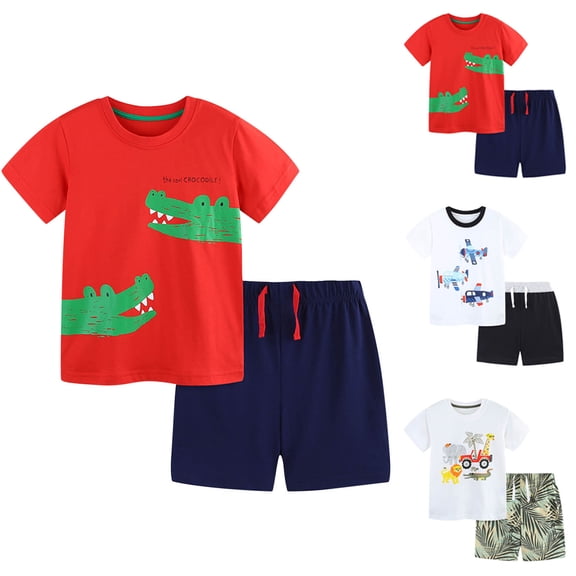Jinhomg Toddler Boys Summer Sets 2 Piece Soft Cotton Outfits Cute Animal Cartoon Graphic Tees with Elastic Waist Shorts Casual Daily Wear Red 6 Years