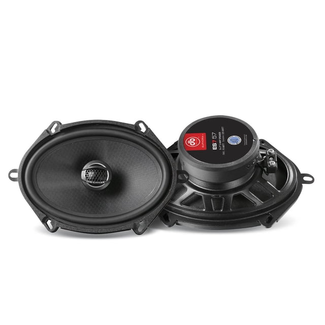 bocinas coaxiales euphoria es7 57 5×7 pulgadas 2 vías 225w euphoria audio es757 par de bocinas negras 5x7" (57×89 mm) vista frontal y trasera: cono ovalado texturizado, tweeter central expuesto, montura metálica con cuatro orejas de fijación e imán trasero con etiqueta de marca; también suelen usarse en reemplazo directo de bocinas originales de autos por su tamaño compacto.