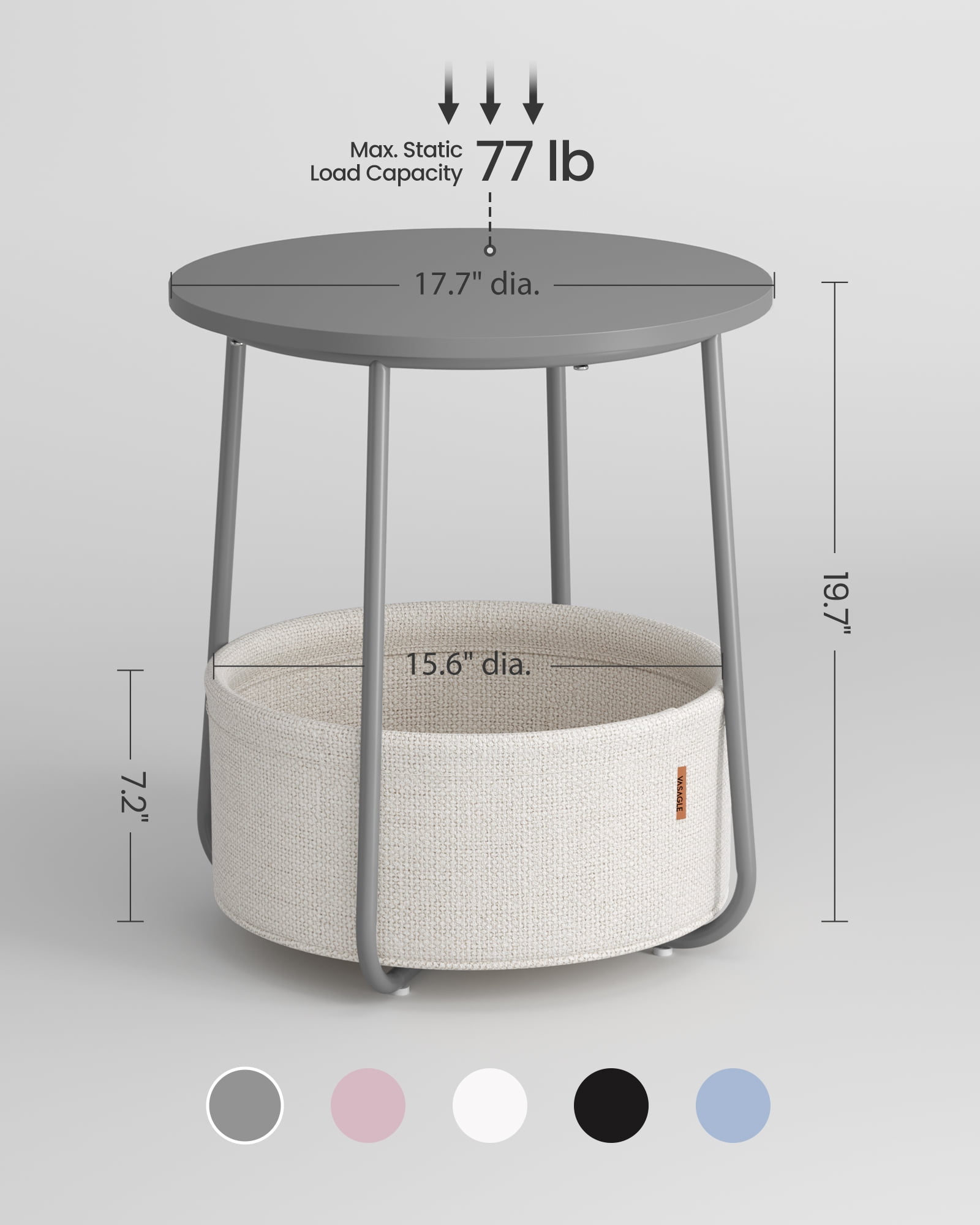 Round End Side Table with Fabric Storage Basket Bedside Table Nightstand for Living Room Bedroom Dove Gray Classic White