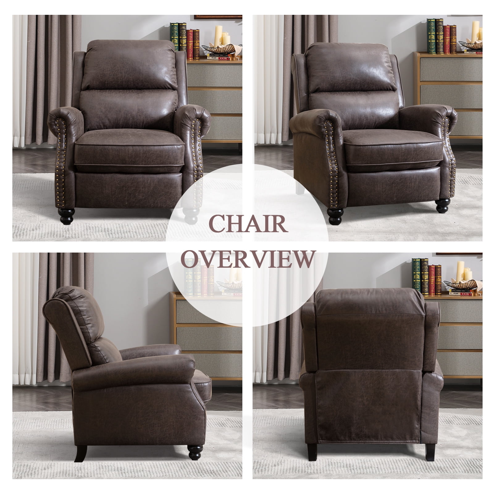 Ebello PU Leather Pushback Recliner Chair with Nailhead Trim - Vintage Style Push Back Lounge Chair for Bedroom & Living Room 350lbs Capacity, Dark Grey