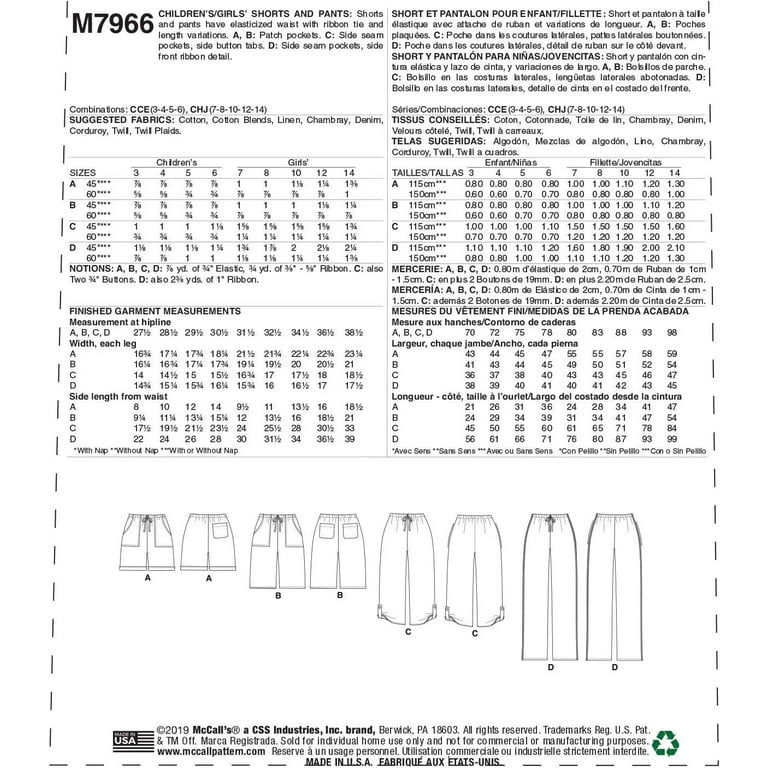  McCall Pattern Company McCall's Learn Girl's Pants and Shorts,  Sizes 7-14 Sewing Pattern, White : Arts, Crafts & Sewing