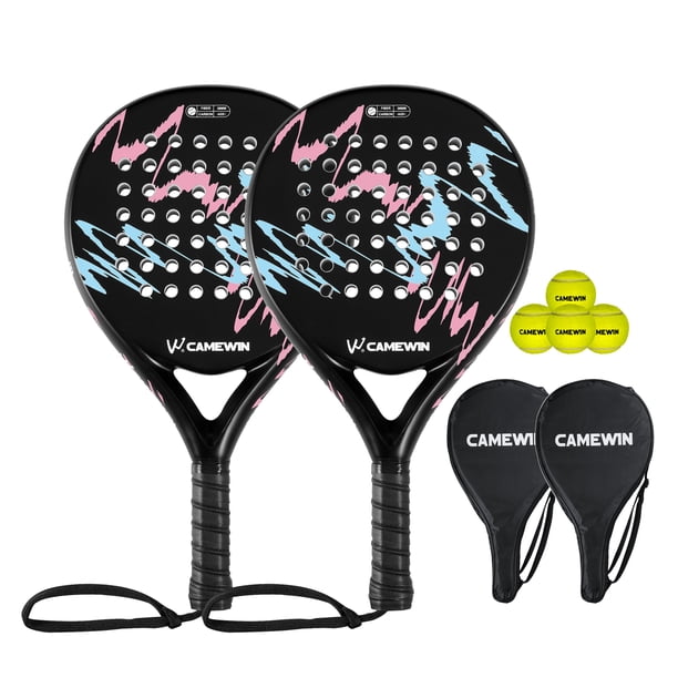 CAMEWIN 2 Palas de Pádel con Fundas, 2 Raquetas y 4 Pelotas,Kit de Raquetas para Pádel Fabricadas 100% Fibra de Carbono y Núcleo de Espuma Flexible de Memoria EVA, para Principiantes e Intermedios