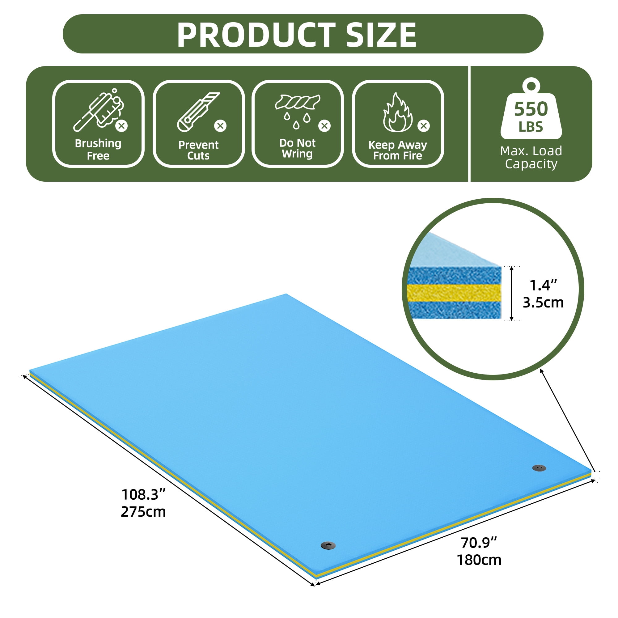 Uforic Blue Floating Water Mat, 275×180×3.5cm, XPE Foam, 2 Fixed Buckles, Easy Installation, Durable & Buoyant