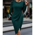 thumbnail image 6 of Dress for Women Round Neck Solid Color Side Split Bodycon Cocktail Long Sleeve Party Midi Dress Dark Green L, 6 of 7