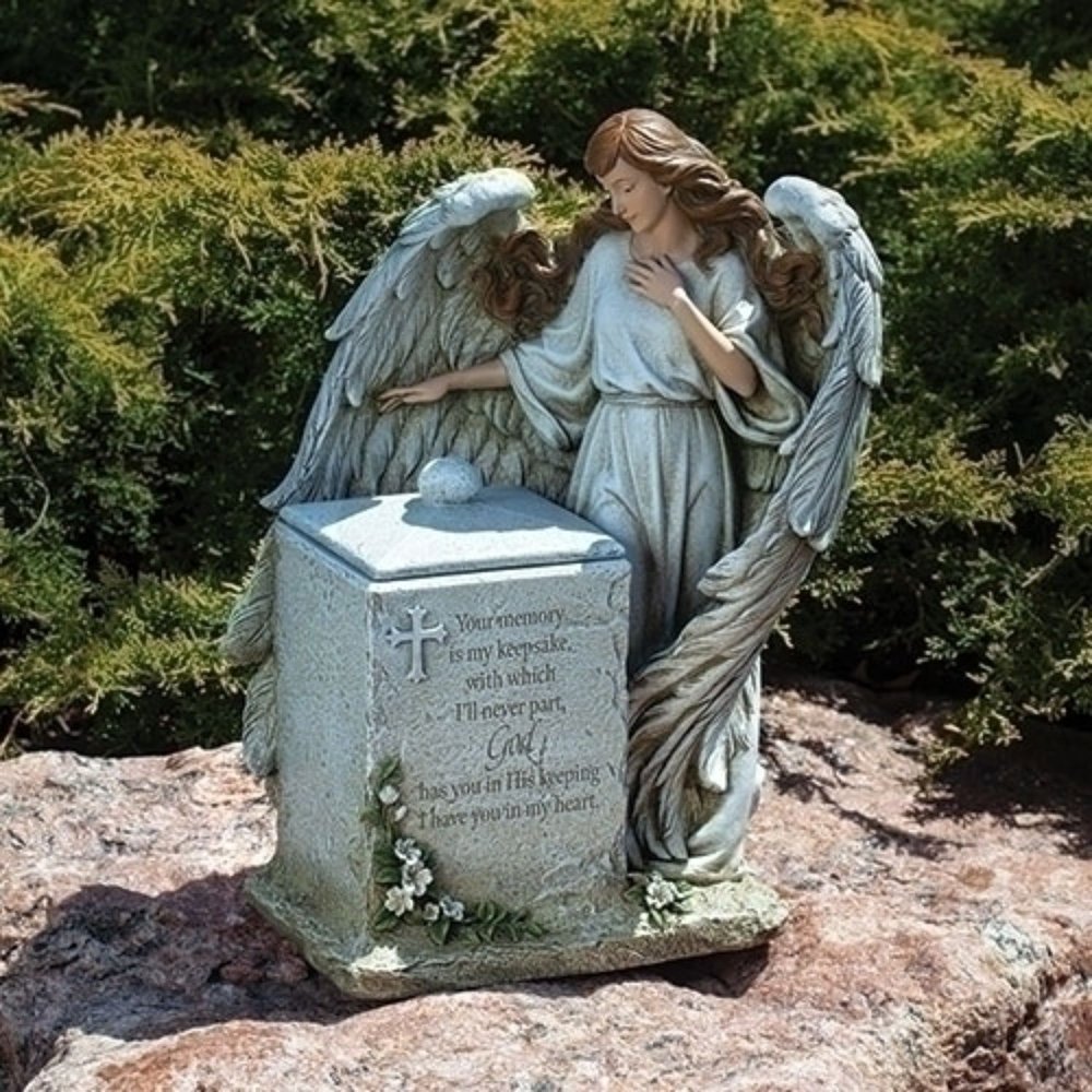 16" Pale Blue Memorial Box with Angel Garden Statue