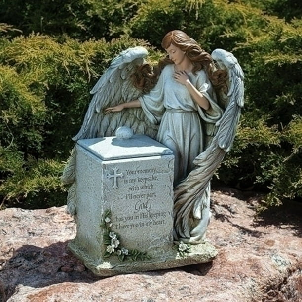 16 Pale Blue Memorial Box With Angel, Garden Memorial Statues