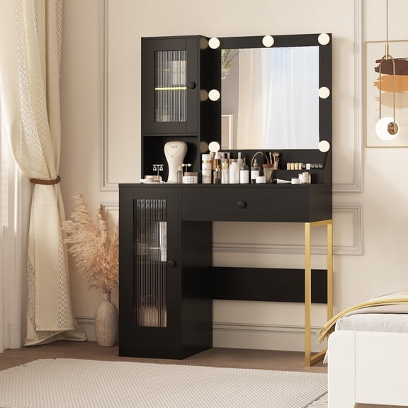 CazToi LED Vanity Desk with Mirror & Outlets Makeup Table with Storage & USB Ports