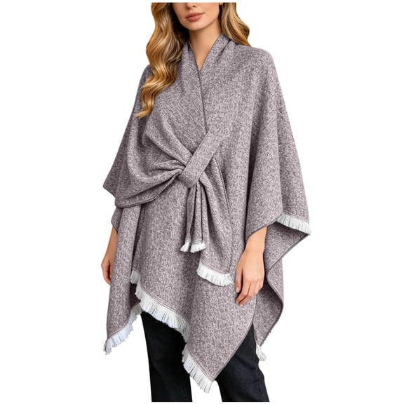 UTSJKR Women’s Speckled Knotted Wrap Poncho Cape Shawl with Fringe Trim Soft Warm Outer Cover‑Up for Fall Winter Daily Casual Fashion Outfit Coffee