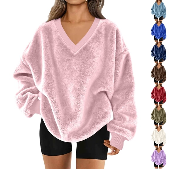 Resicozy Fuzzy Flannel Sweatshirt for Women Fluffy Pullover Sweaters Long Sleeve Oversized V Neck Sweatshirt Pink S