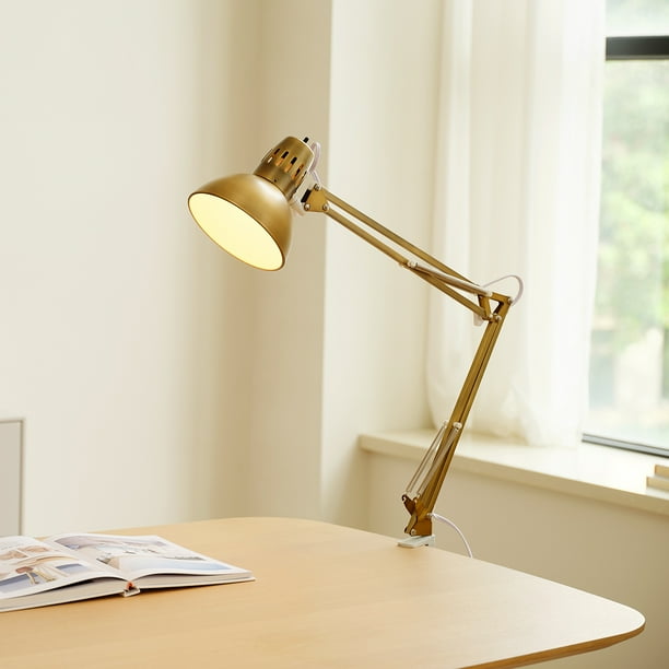 32 inch Matte Brass Multi Joint Desk Lamp with Metal Clamp Base and White Accents 91007981