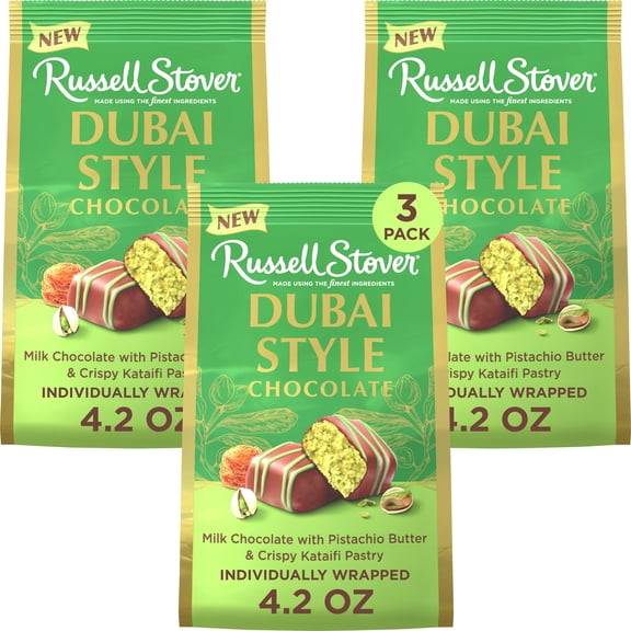 RUSSELL STOVER Dubai Style Milk Chocolate Candy Bar with Pistachio & Kataifi Gift Bag, 4.2 oz. (Pack of 3)