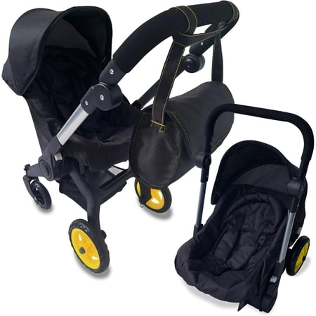 Baby Doll Car Seat Stroller Combo – Convertible 2 in 1 Doll Stroller and Car Seat for Kids – Fits Up to 20” Dolls – Play Toy Baby Stroller with Adjustable Handle for Girls Toddlers All Ages (Black)