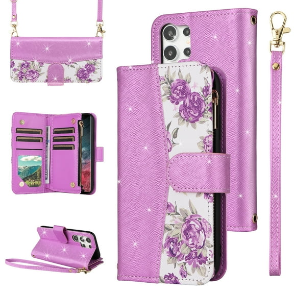 Furiet for Samsung Galaxy S26 Ultra 5G Floral Wallet Case with Flip Zipper Purse Wrist/Shoulder Strap Luxury PU Leather Card Holder Stand Phone Cover for S26Ultra 26S S 26 26Ultra 2026 Women Purple
