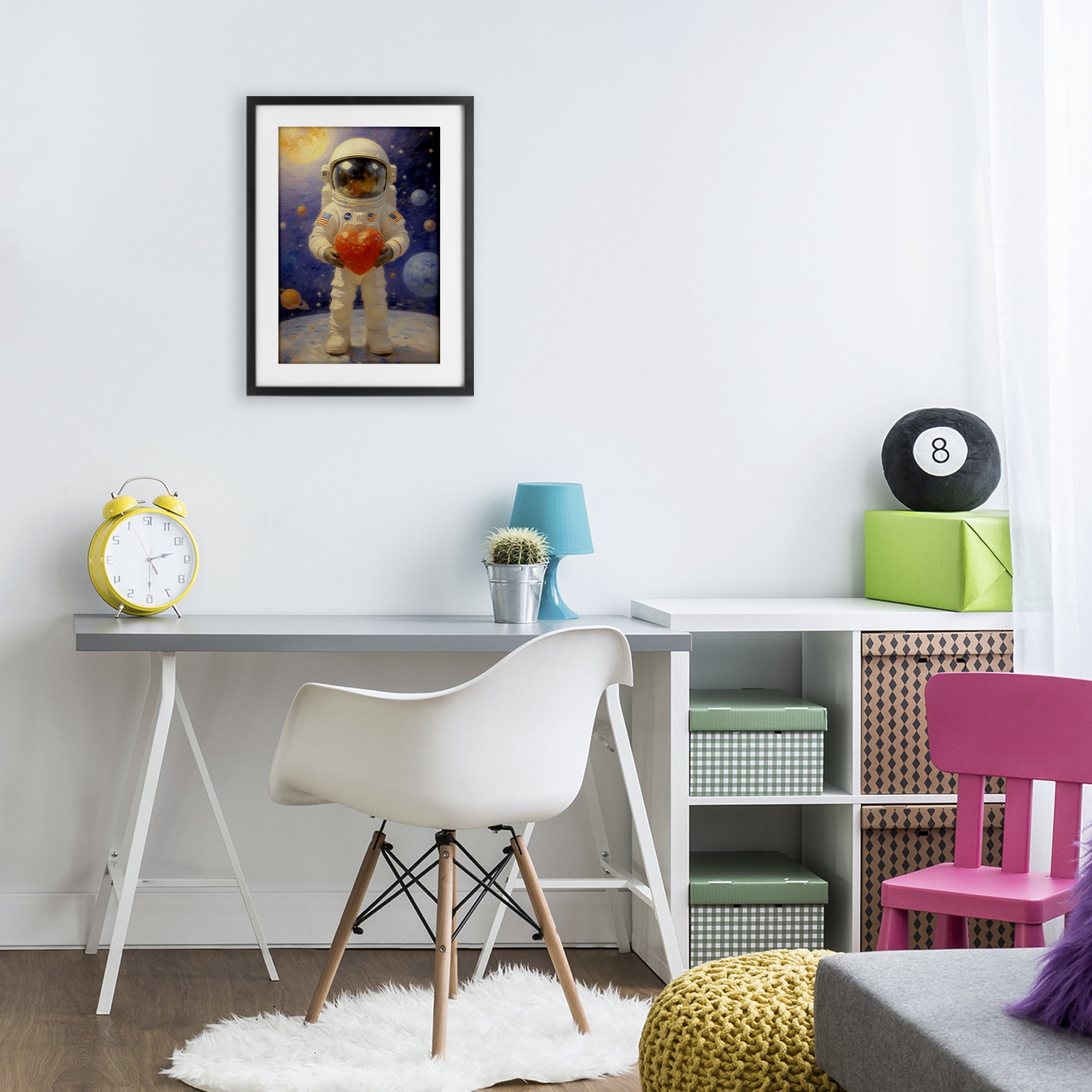 Astronaut Holding Heart Black Framed Print Under Glass, design by Angie Hawke