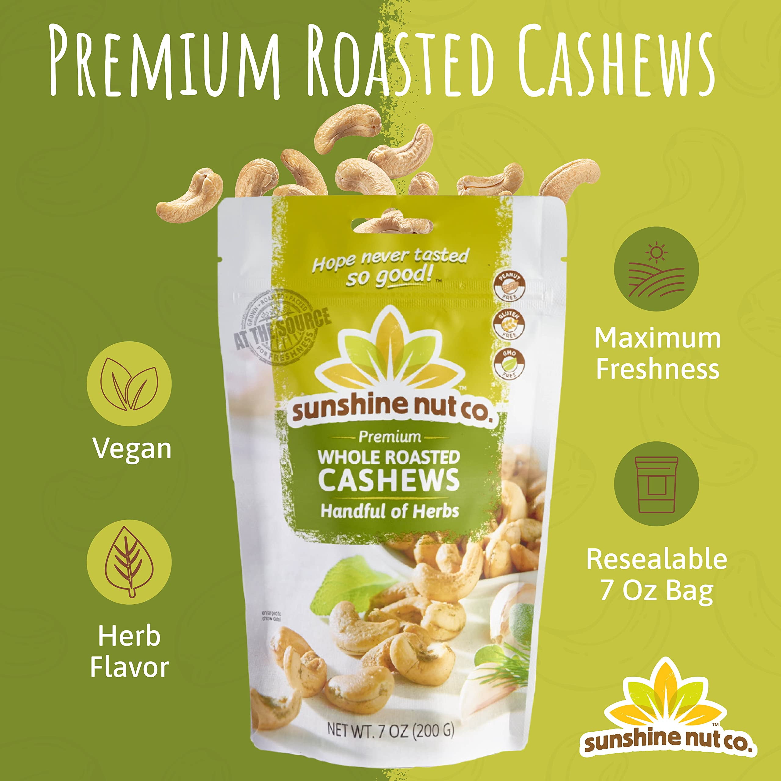 Whole Roasted Lightly Salted Cashews by Sunshine Nuts Co., Gluten Free, Peanut Free and Vegan Individual Snack Packs for Kids and Adults, GMO Free, Handful of Herbs Flavor, 6 Pack, 7 oz. Each