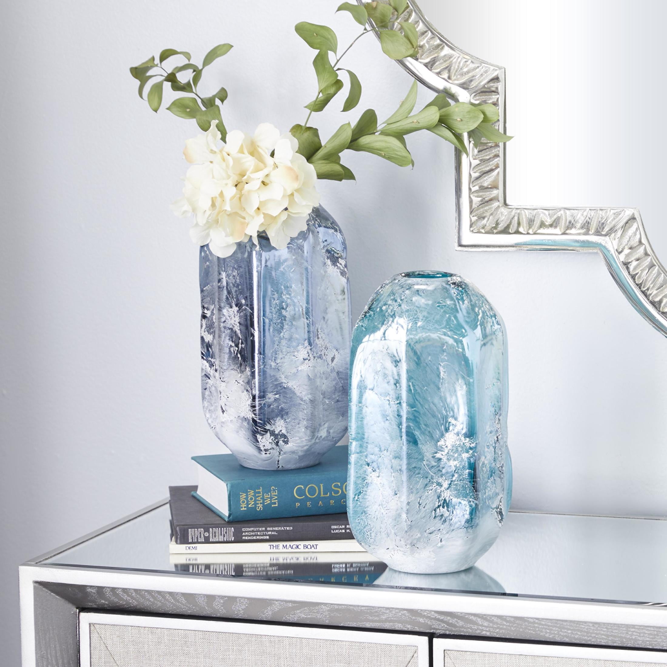 DecMode 12", 11"H Handmade Blown Blue Glass Vase, Set of 2
