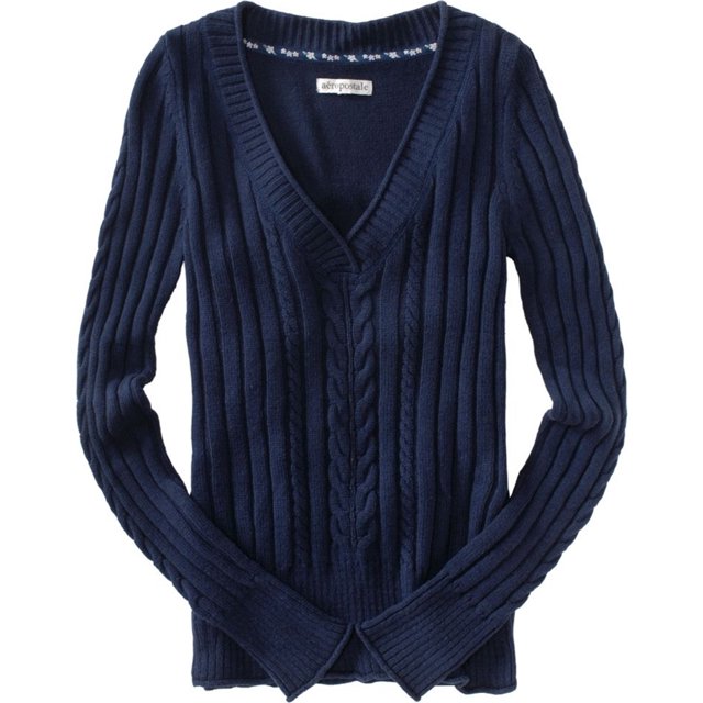 Aeropostale suéter de punto con cuello en V para mujer, azul, extragrande