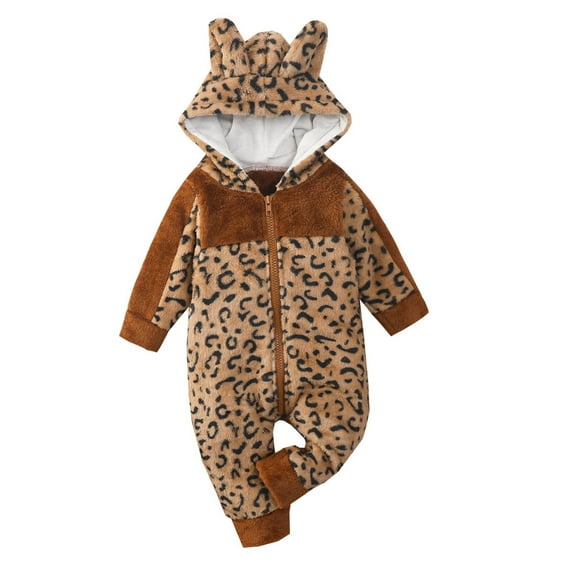 Toddler Boys Girls Fleece Hooded Leopard Jumpsuit Plush Cute Bear Ears Romper Cosplay One-Piece Long Sleeve Warm Onesies