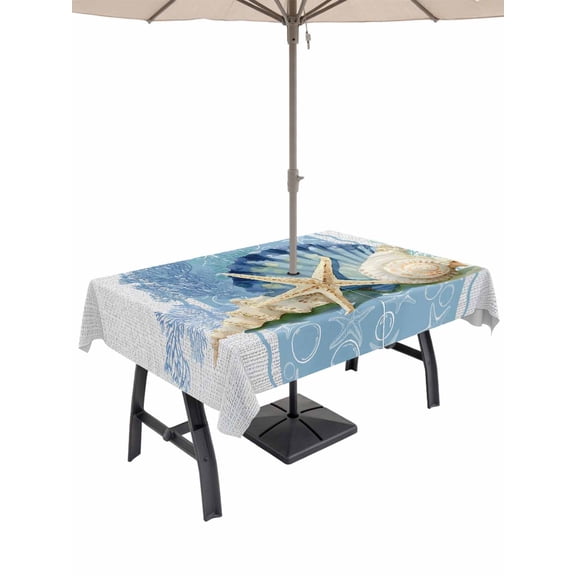 Outdoor Tablecloths with Umbrella Hole & Zipper, Blue Coastal Starfish Rectangle Tablecloth 60x120 Inch, Vintage Grey Nautical Coral Summer Waterproof Table Cloth, Patio/Pool/Picnic Table Covers