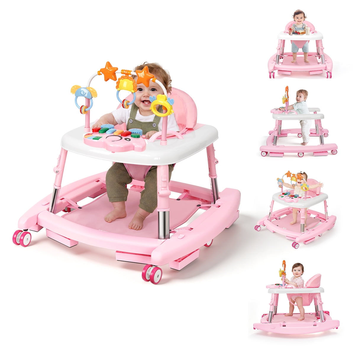 5 in 1 Baby Walker, Music and Lights Walker for Baby Boy Girls 6-18 Months, Foldable Baby Walkers with Wheels and Bouncer Combo Portable, Toddler Infant Walker with Adjustable Height,Pink