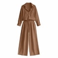 thumbnail image 4 of VISALY 2 Piece Linen Sets Women Collared Button Down Long Sleeve Shirts Drawstring Wide Leg Pants 2 Piece Outfit Set Loose Matching Tracksuit Summer Boho Beach Vacation Casual Outfits Brown 3Xl, 4 of 4