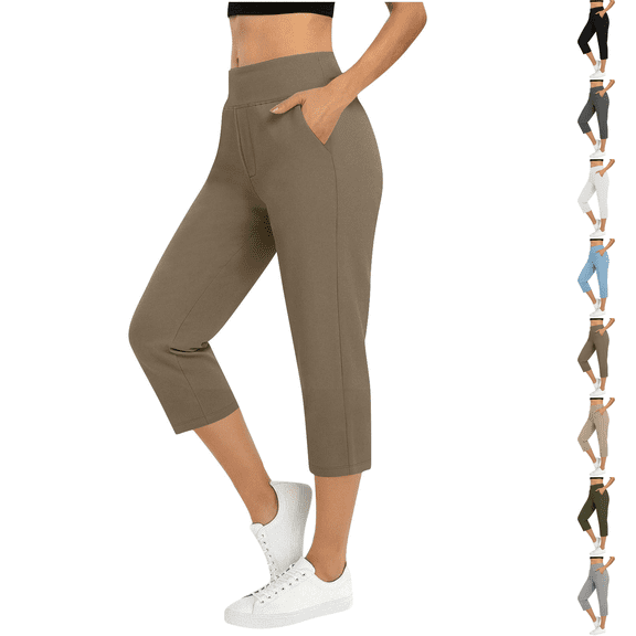 Petite Capri Pants for Women High Waist Pull on Workout Yoga Pants with Pockets Tummy Control Leggings Crop Straight Athletic Trouser Khaki S