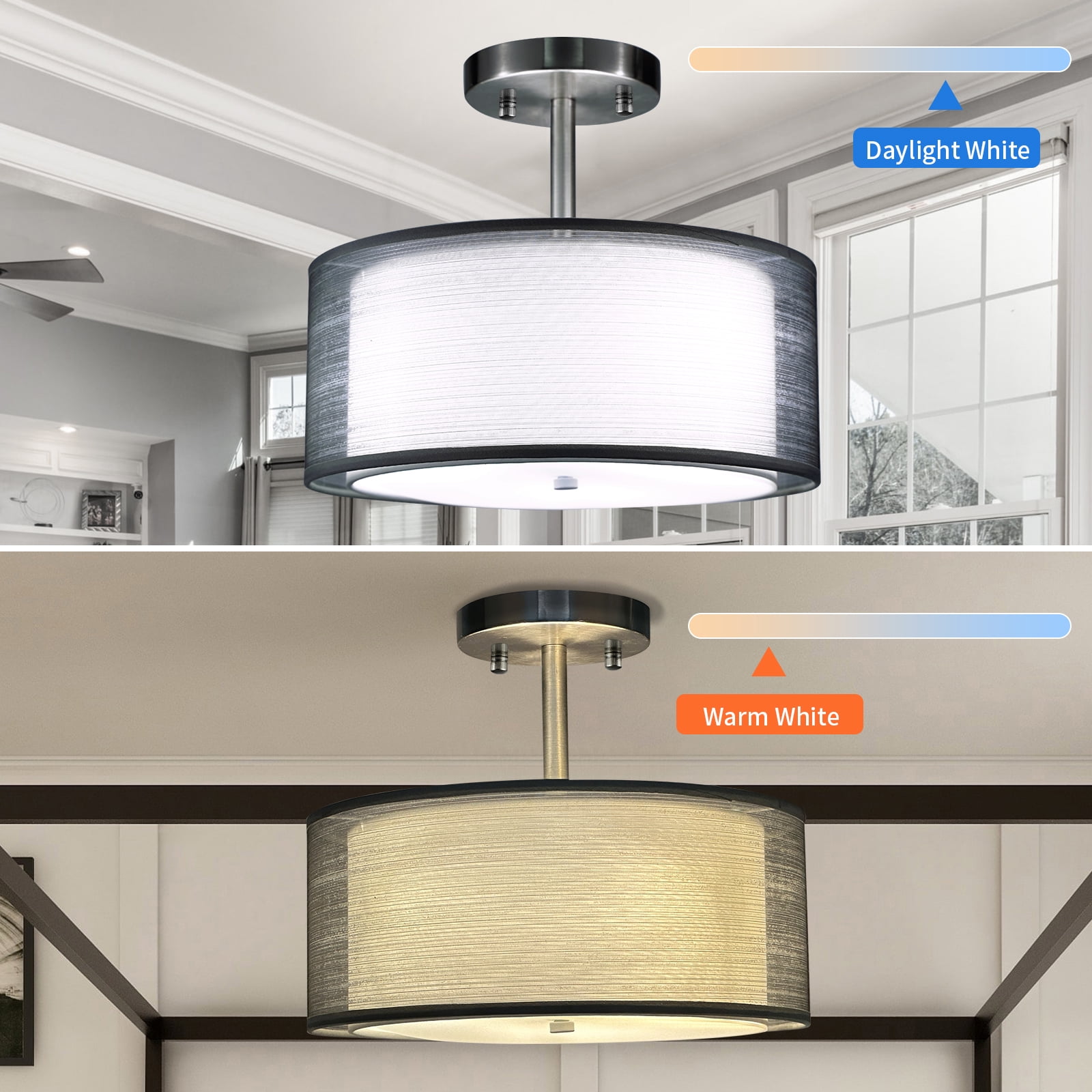 FRIDEKO HOME 12inch Semi Flush Mount Ceiling Light, Double Fabric Shade, 3-Lights Modern Drum Light Fixture for Hallway, Living Room, Bedroom (Without Bulbs)