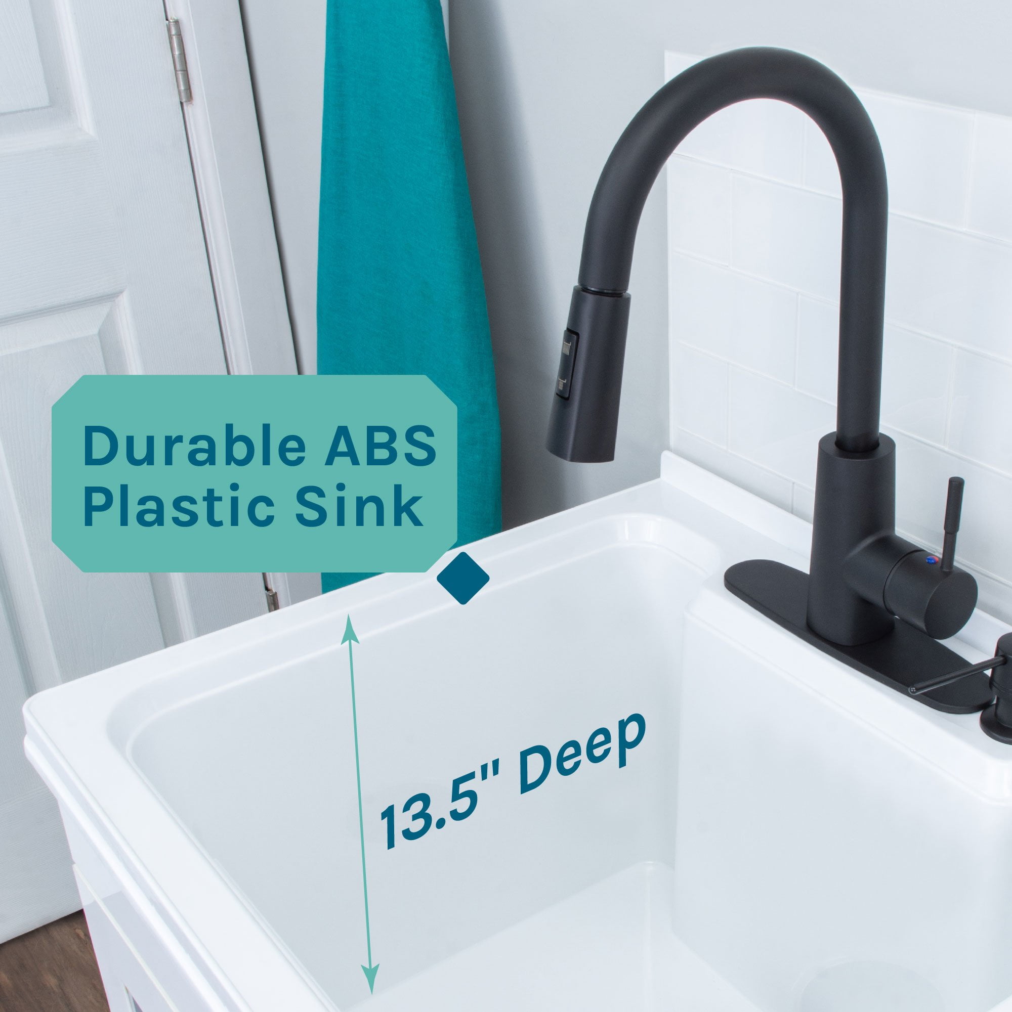 TEHILA White Utility Sink Laundry Vanity with Black Pull-Down Faucet and Soap Dispenser