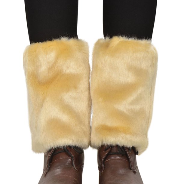 Women Winter Furry Faux Fur Leg Warmer Boot Sleeve Cover, Khaki
