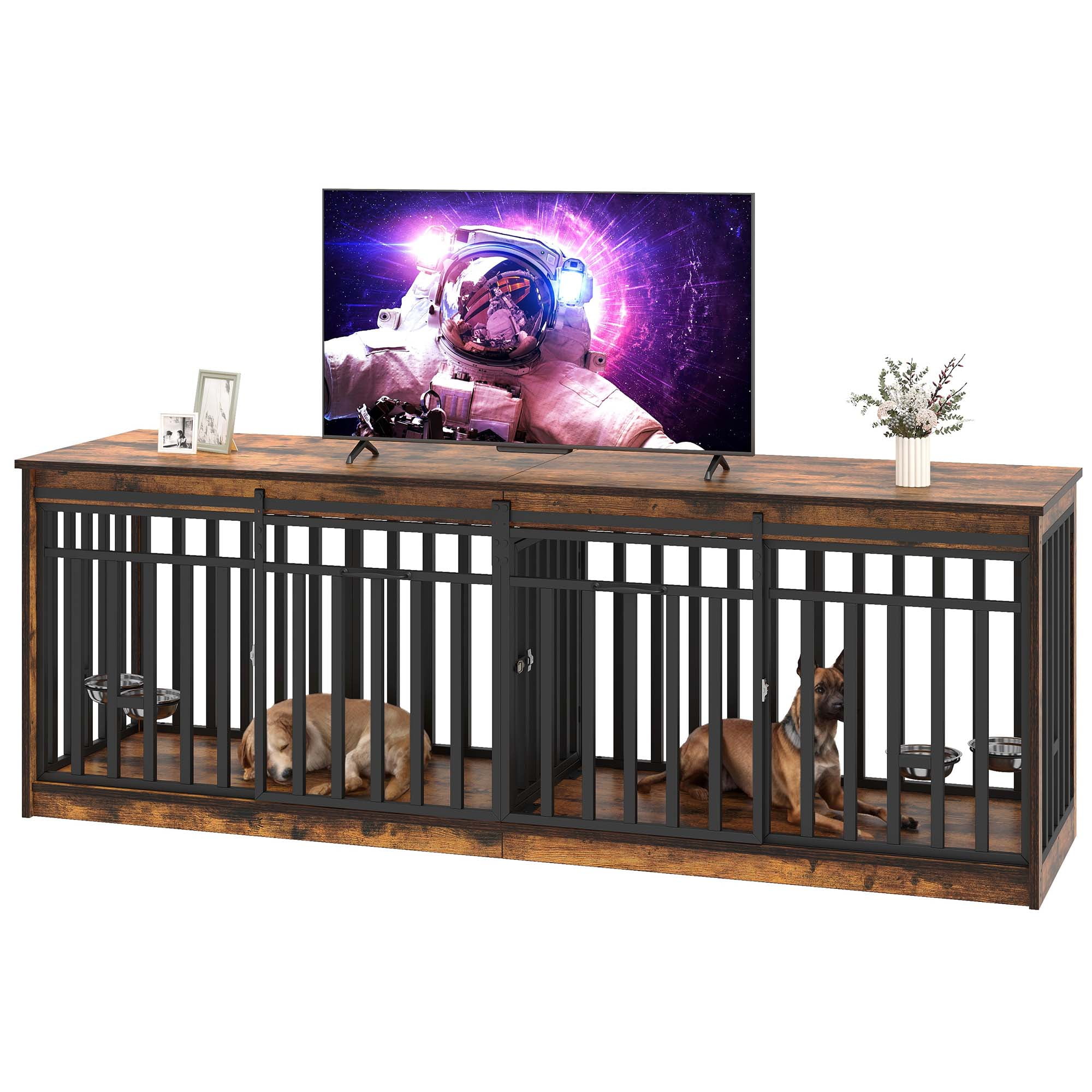 Uforic 87" Dog Crate Furniture with Dog Bowl for 2 Large Dogs,Indoor Furniture Style Wooden Large Dog Kennel TV Stand Sliding Doors - Rustic Brown