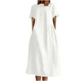 thumbnail image 1 of CHUANK Robe en Coton et Lin à Manches Courtes pour Femme Grande Taille avec Poches, T-Shirts à Col Rond, Couleur Unie, Coupe Ample, Robe d'Été M-3TG (3X-Grand Blanc), 1 of 5