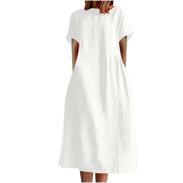 CHUANK Robe en Coton et Lin à Manches Courtes pour Femme Grande Taille avec Poches, T-Shirts à Col Rond, Couleur Unie, Coupe Ample, Robe d'Été M-3TG (3X-Grand Blanc)