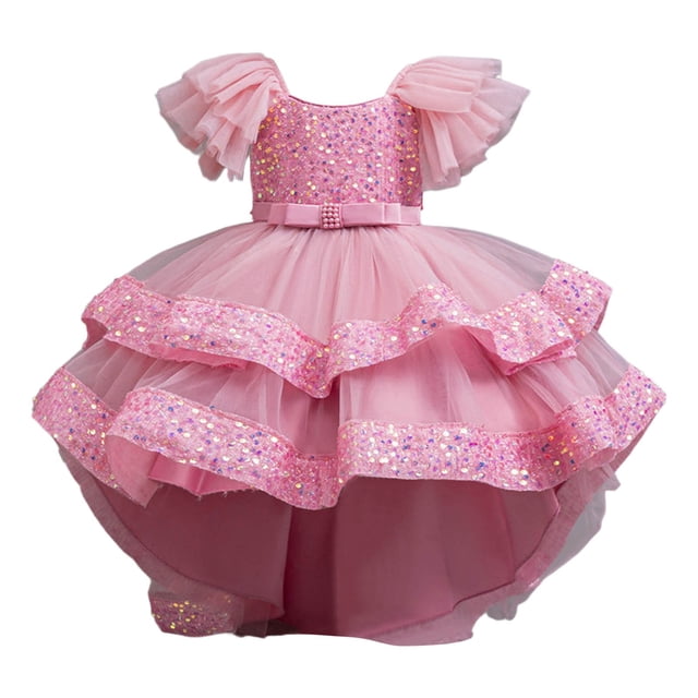 HXWCHs Robe Décontractée pour Filles Robe Formelle Élégante pour Filles avec Train Détachable Robe de Concours Fête Mariage Récital Rose 5-6 Ans