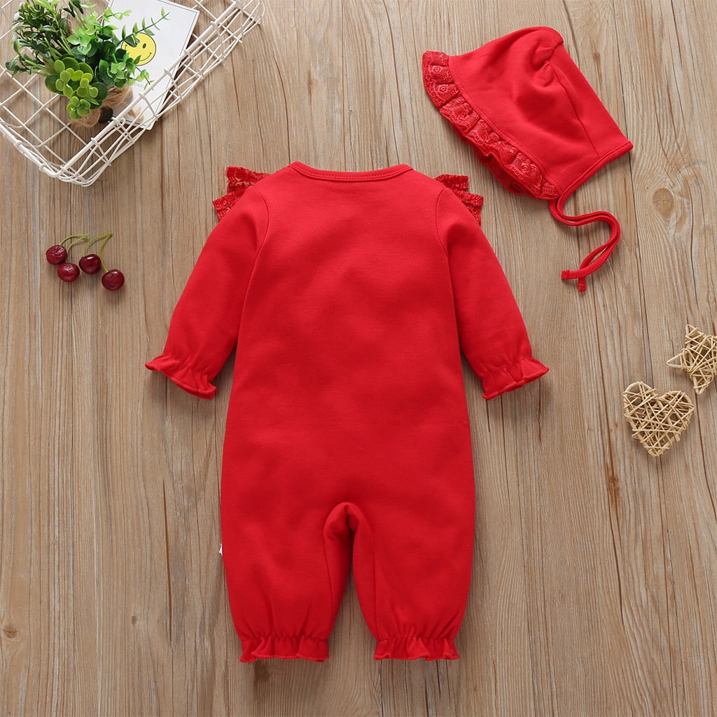 WOYY Newborn Girl Lace Ruffle Jumpsuit Solid Long Sleeve Bow Onesie Romper With Hat Outfits