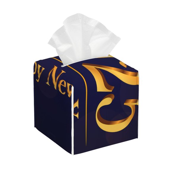 Fotbe 2025 Happy New Year 3 Porta Pañuelos Decorativo de Cuero, Caja Cuadrada Moderna para Pañuelos Faciales, Organizador y Dispensador 5x5x5''