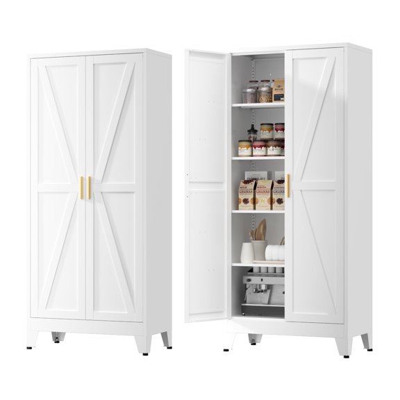 Elegant Furniture 71''H White Farmhouse Metal Pantry Cabinet with 4 Adjustable Shelves,Metal Storage Cabinet for Kitchen，Dining，Living，Office
