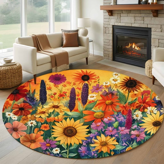 Round Rugs 5Ft, Colorful Flowers Round Area Rug Washable Indoor Throw Carpet, Farmhouse Sunflower Daisy Soft Non Slip Circle Rug for Cabinet Bathroom Home Decor Aesthetic