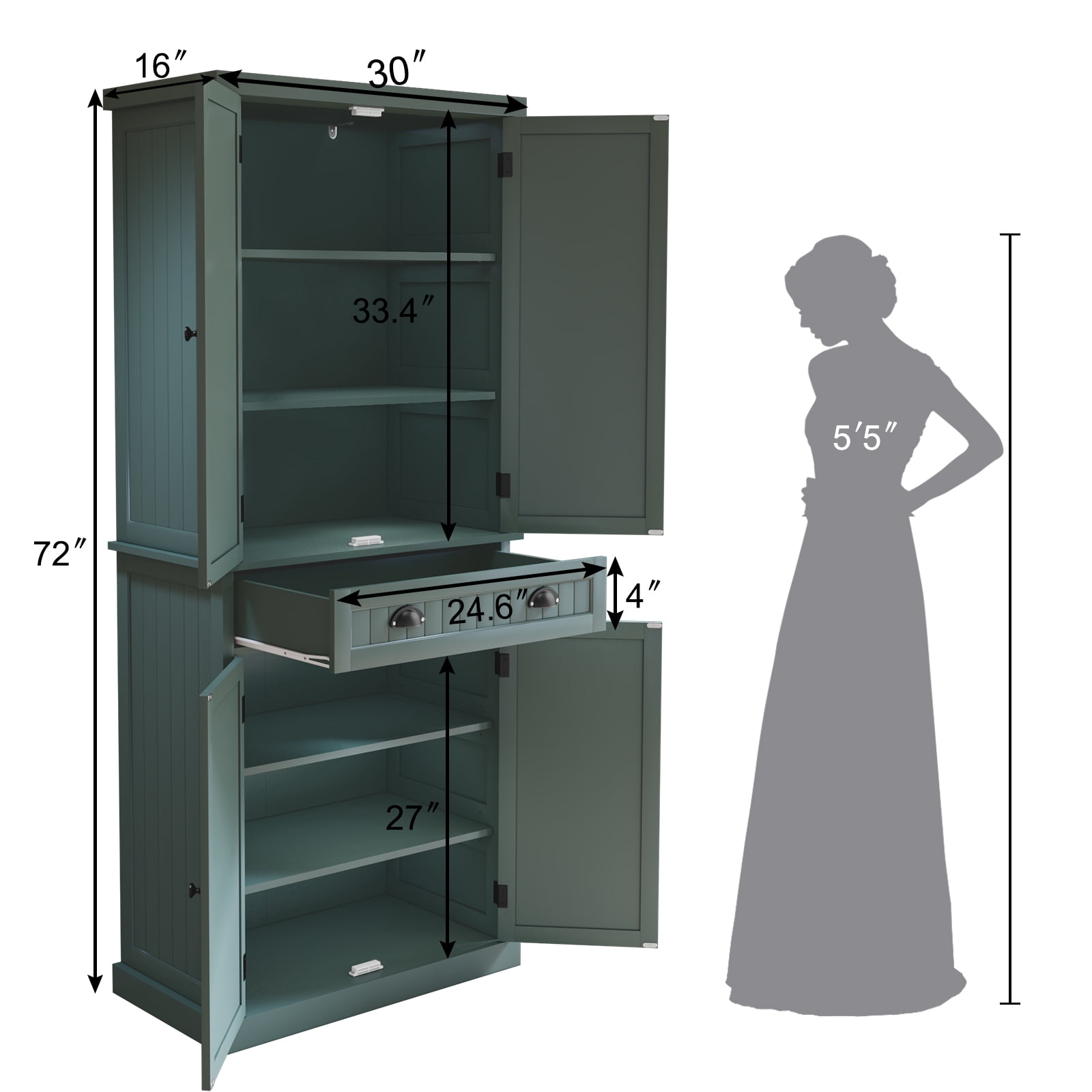 HLR 72" Tall Kitchen Pantry Cabinet with Drawer & Adjustable Shelves, Freestanding Storage Cabinet, Green
