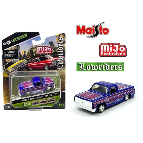 Maisto 1:64 1987 Chevrolet 1500 Lowriders – Metallic Blue – Design Lowriders – MiJo Exclusives Limited Edition 3,600 Pieces
