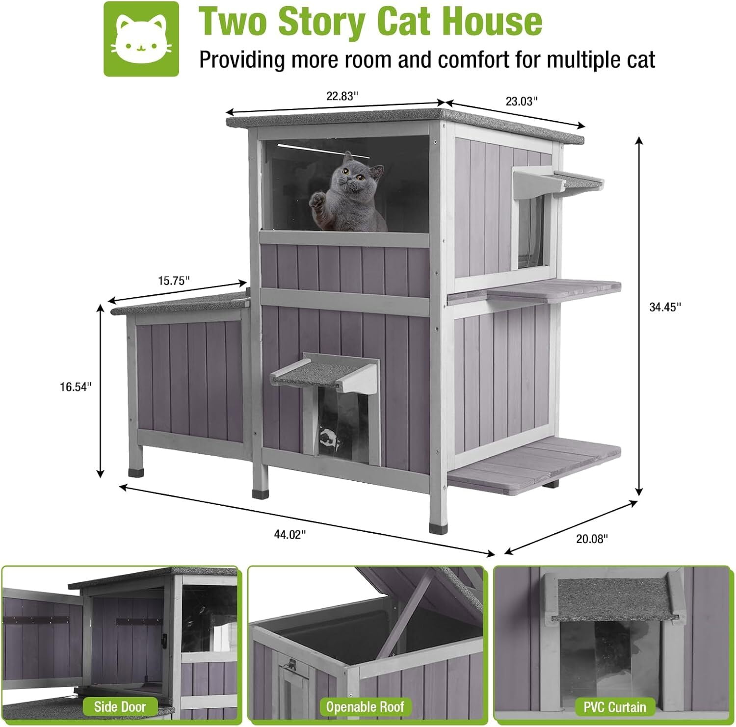 Aivituvin Outdoor Cat House for Winter, 2-Story Wooden Feral Cat Shelter with Waterproof Roof Escape Door and Elevated Base to Keep Multiple Cats Warm
